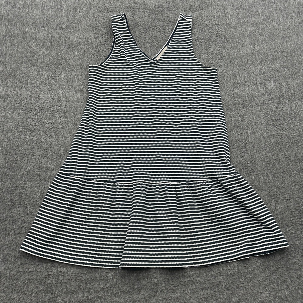 LOFT Dress S Navy Blue White Striped Waffle Knit Flounce Hem Sleeveless V Neck
